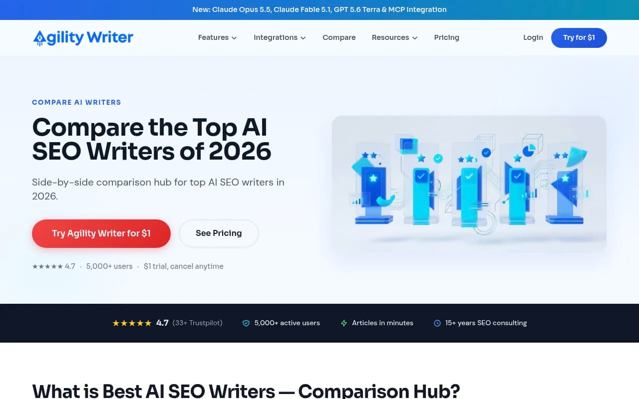 Agility Writer's AI SEO writers comparison hub, a vendor-authored page