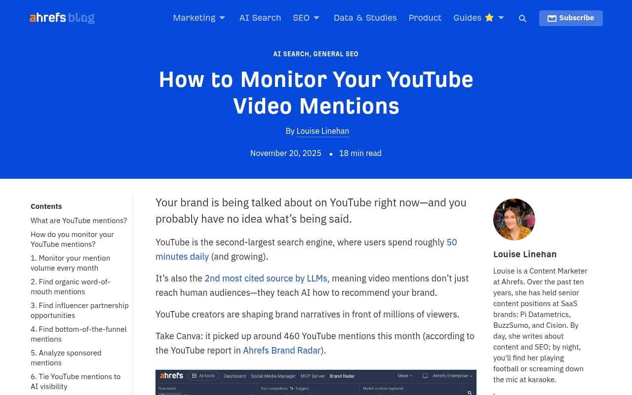 Ahrefs YouTube citation tracking interface showing the "Cited in AI" column for monitoring video mentions