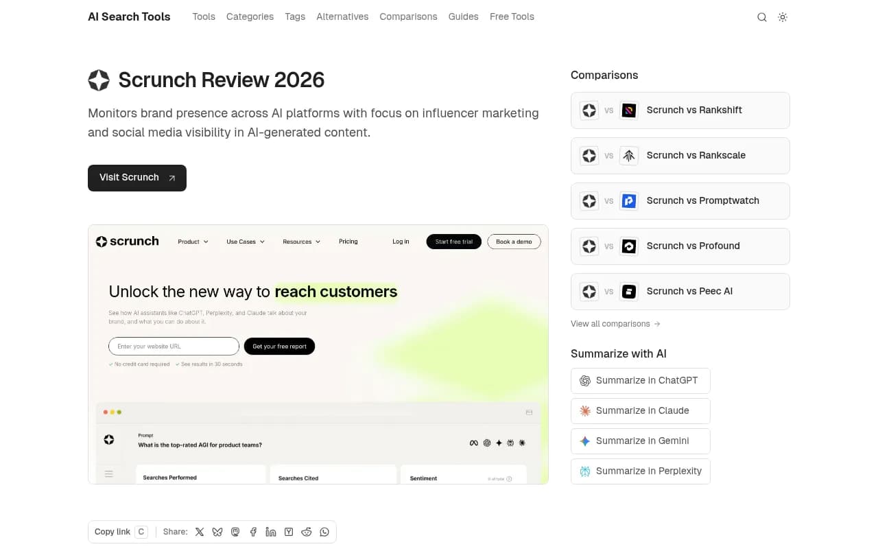 Scrunch AI visibility platform review page showing key features and comparison with Promptwatch