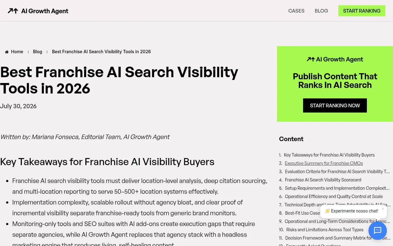 AI Growth Agent's franchise AI visibility tools comparison, including its evaluation criteria for 50 to 500+ location systems