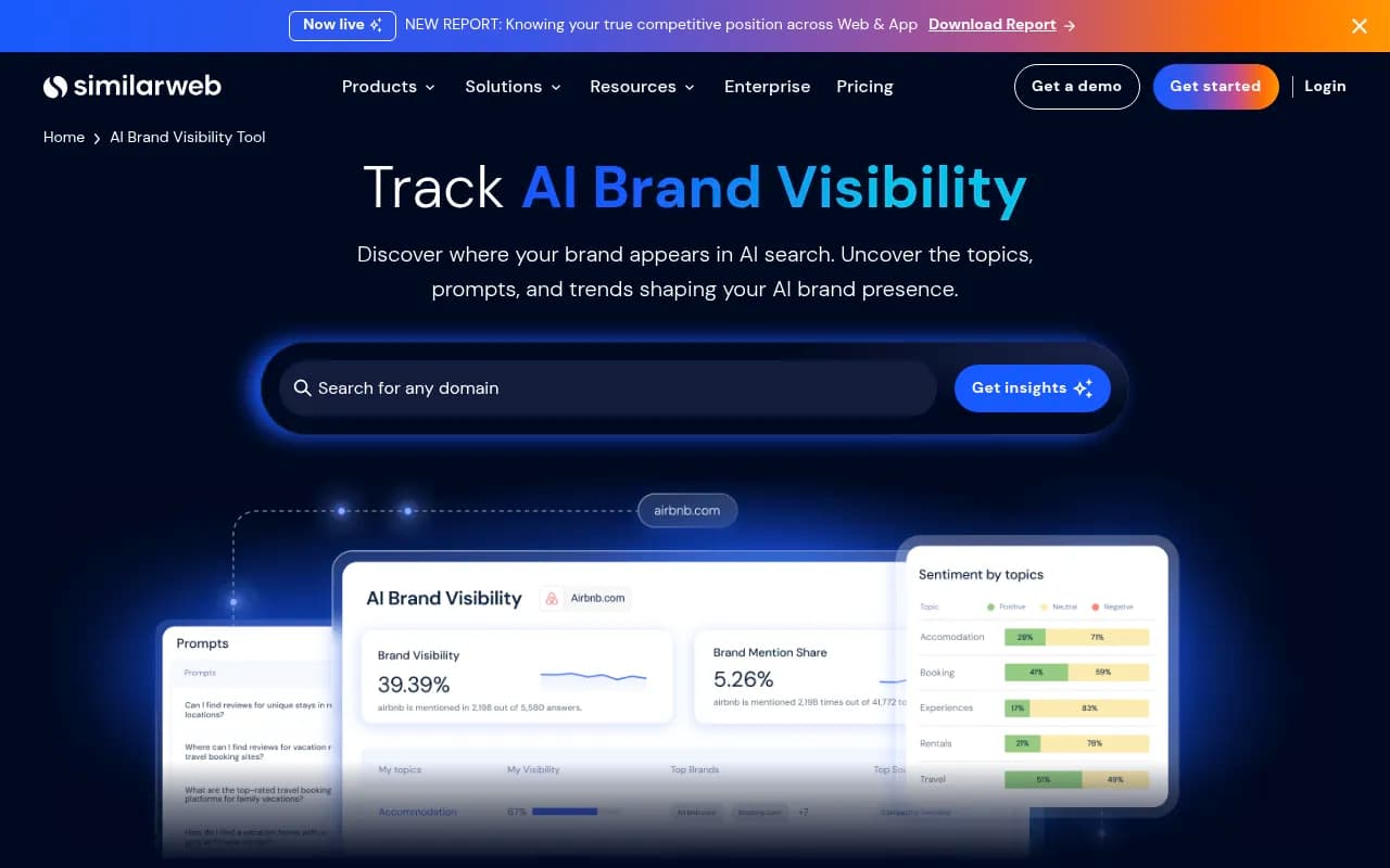 Similarweb AI Brand Visibility product page showing topic summary and brand comparison views