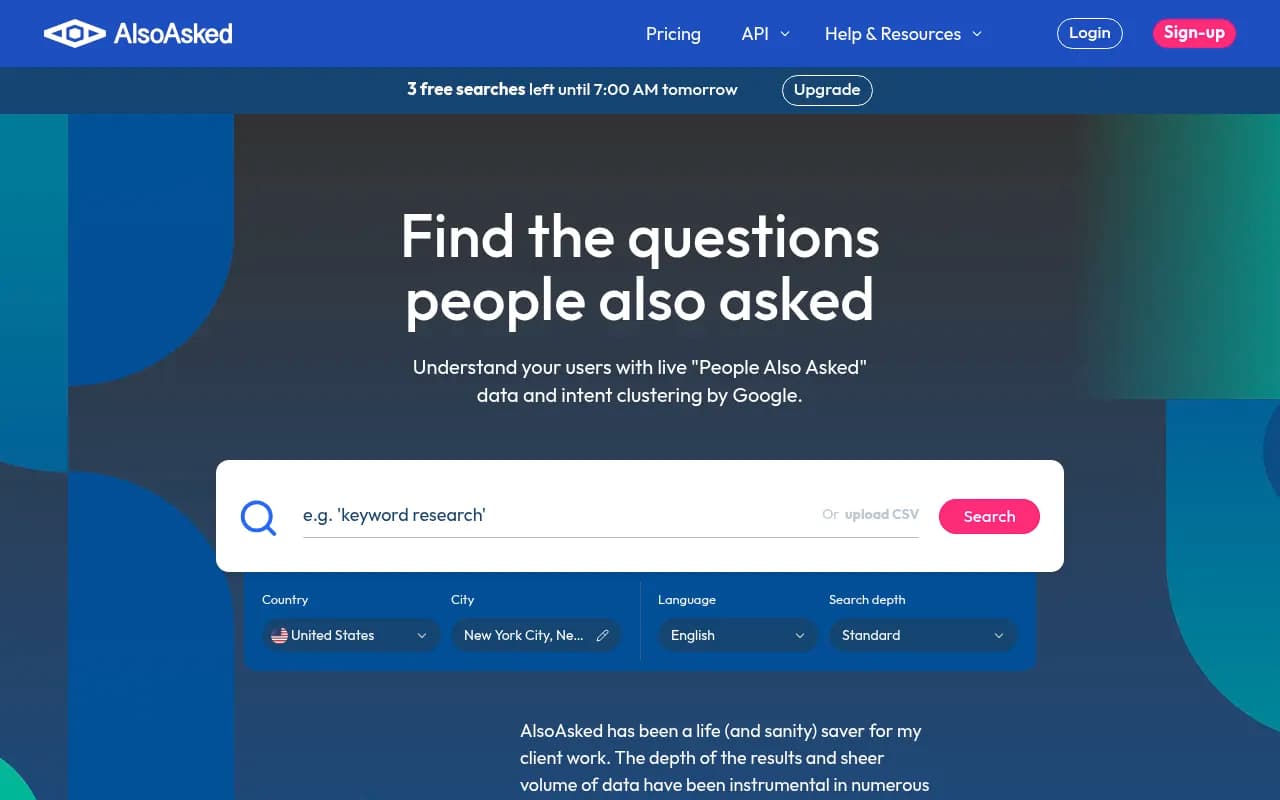 AlsoAsked People Also Ask keyword research tool interface showing question trees