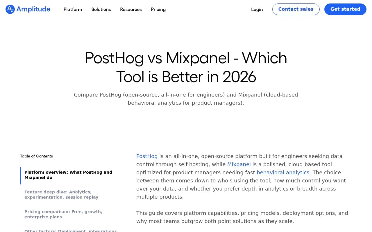 PostHog vs Mixpanel comparison guide from Amplitude showing platform differences and use cases