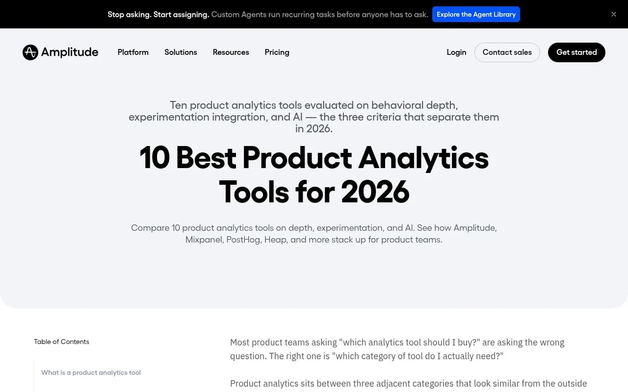 Amplitude's 2026 product analytics comparison page showing feature breakdown across top platforms