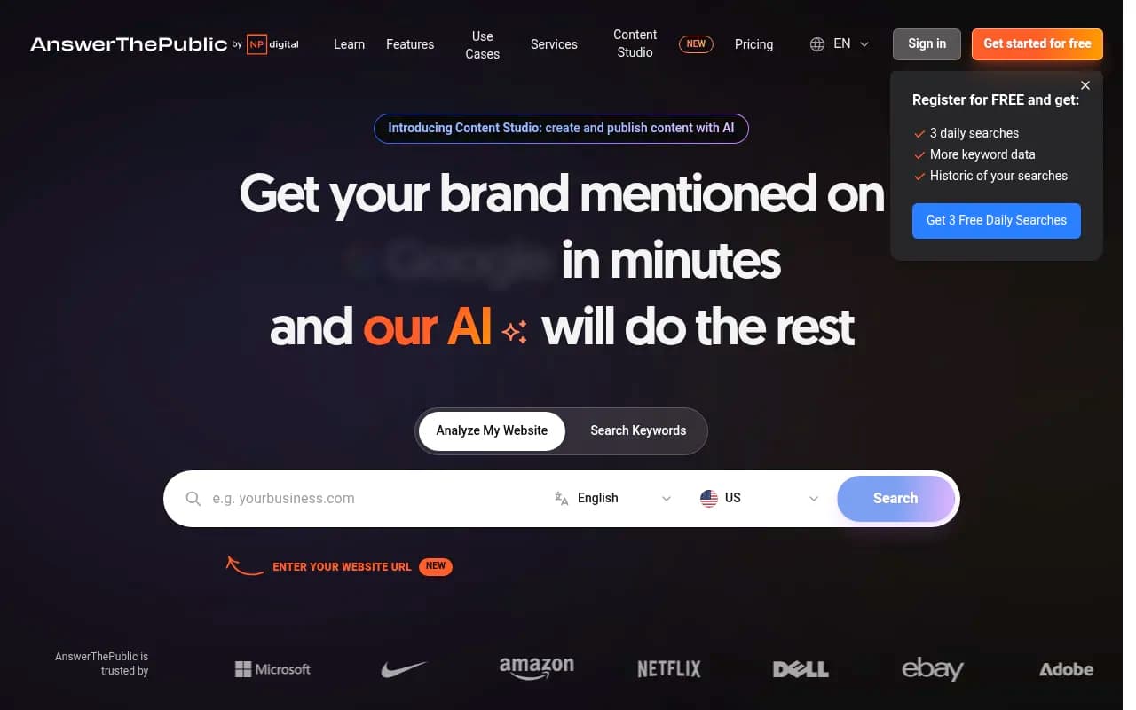 AnswerThePublic interface showing keyword research and content ideas organized by question type