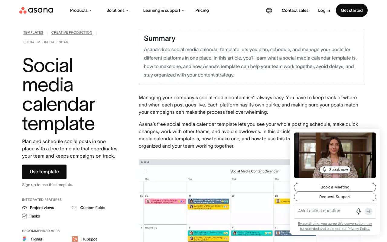 Asana's social media calendar template showing calendar view with post scheduling and team collaboration features