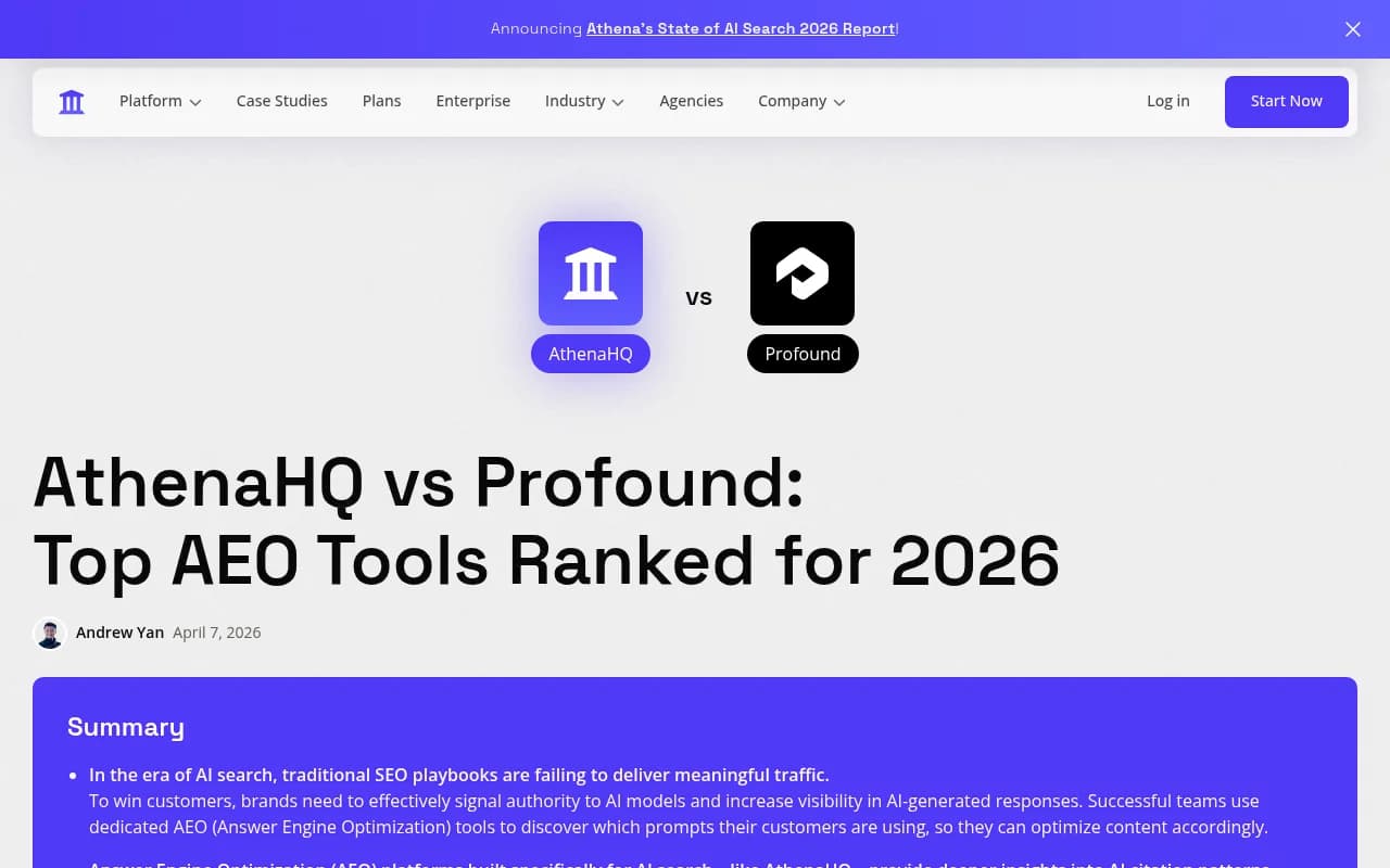 AthenaHQ vs Profound comparison page showing their positioning and feature breakdown