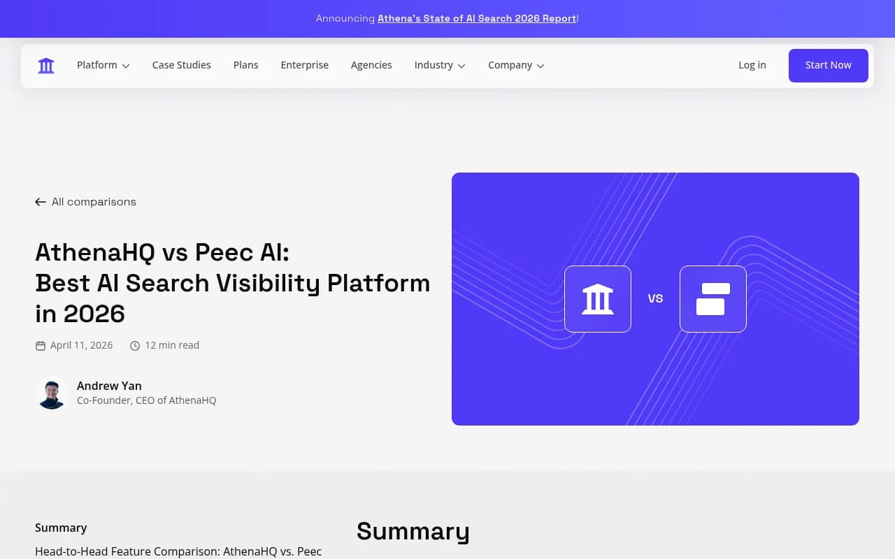 AthenaHQ vs Peec AI comparison page showing feature differences and positioning