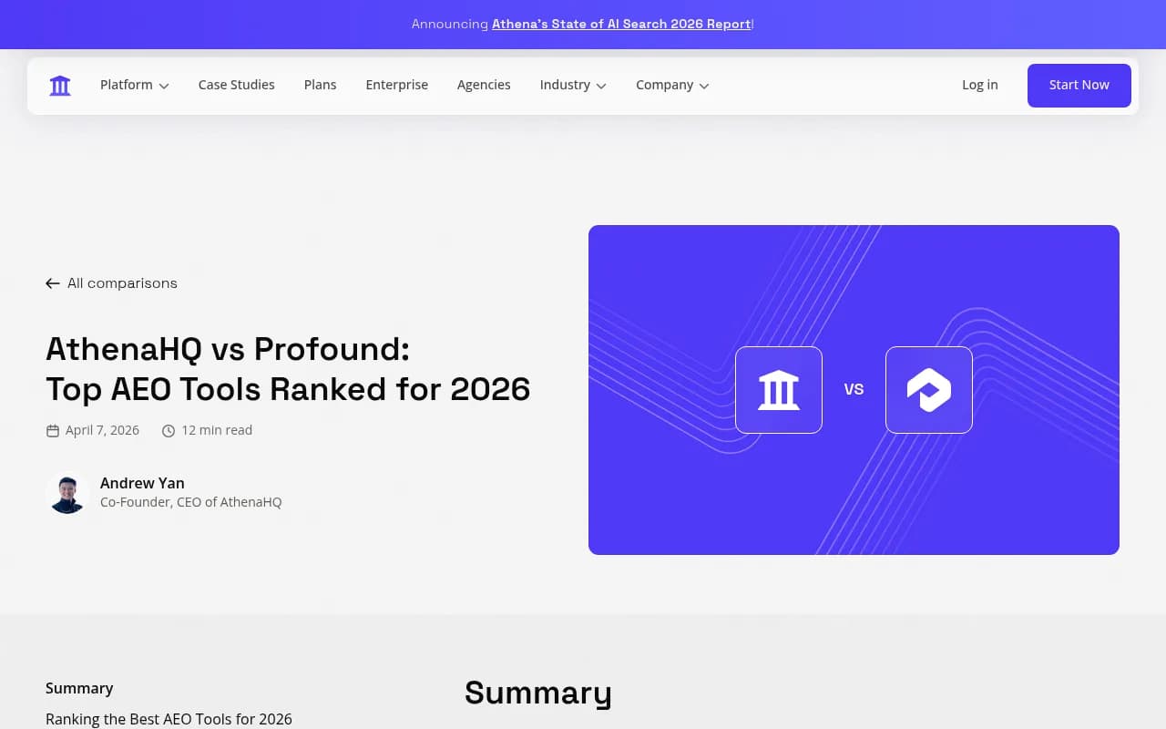 AthenaHQ vs Profound comparison page showing feature differences for AEO platforms in 2026