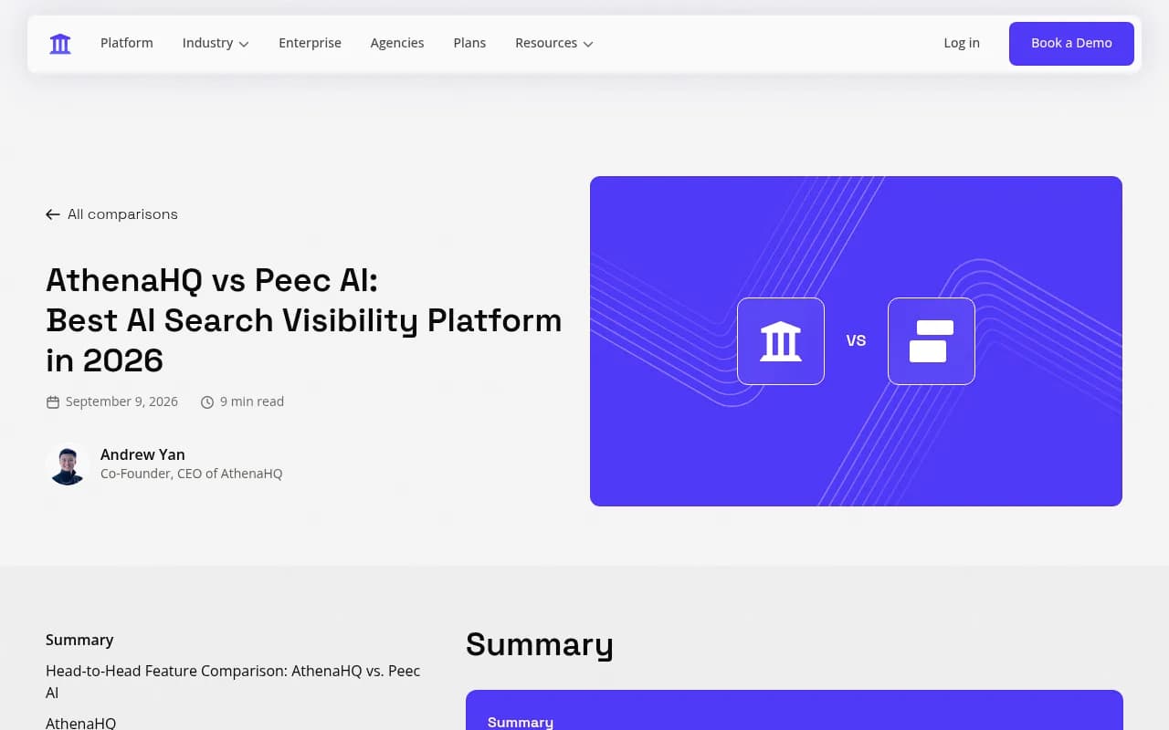 AthenaHQ's head-to-head comparison against Peec AI shows how the two platforms structure pricing tiers and feature coverage
