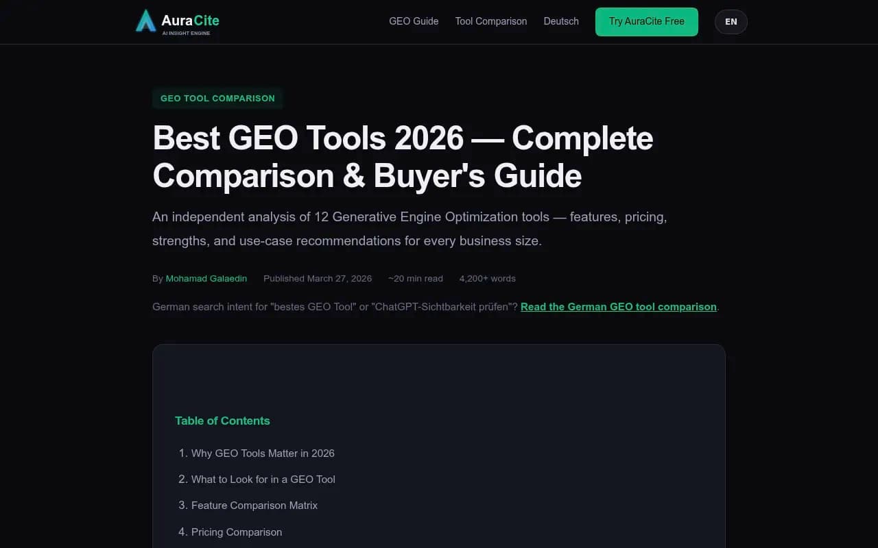 GEO tools comparison guide showing feature matrix and pricing for 12 platforms