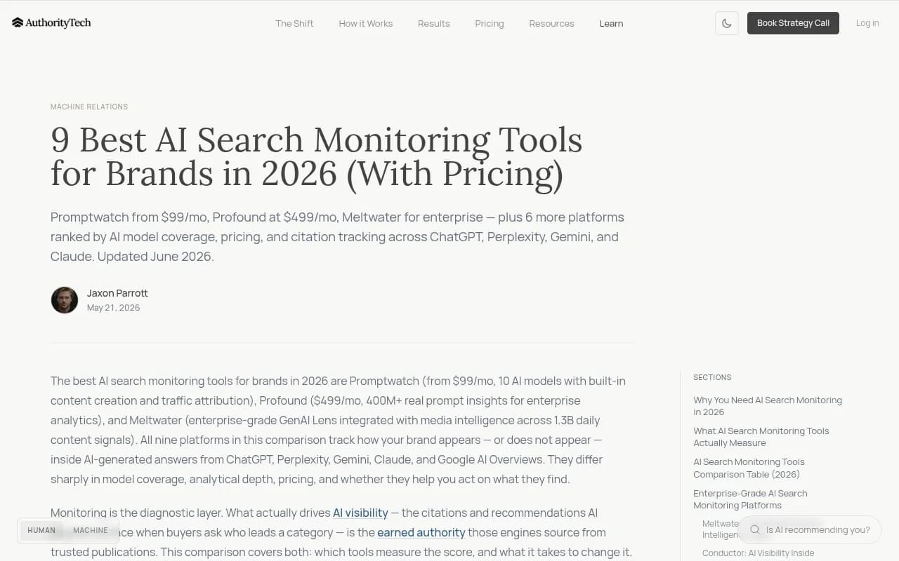AuthorityTech comparison of best AI search monitoring tools for brands in 2026