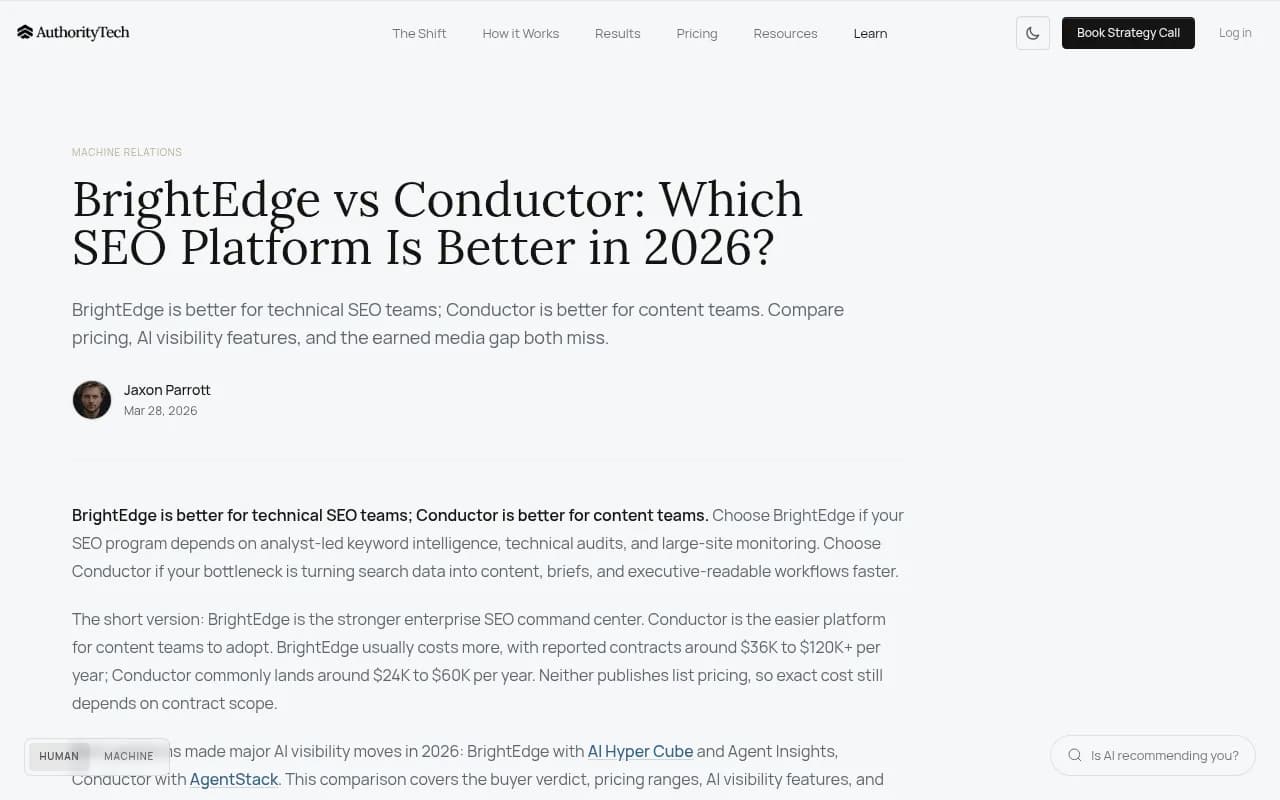 Third-party comparison of BrightEdge and Conductor covering pricing, AI visibility features and team fit