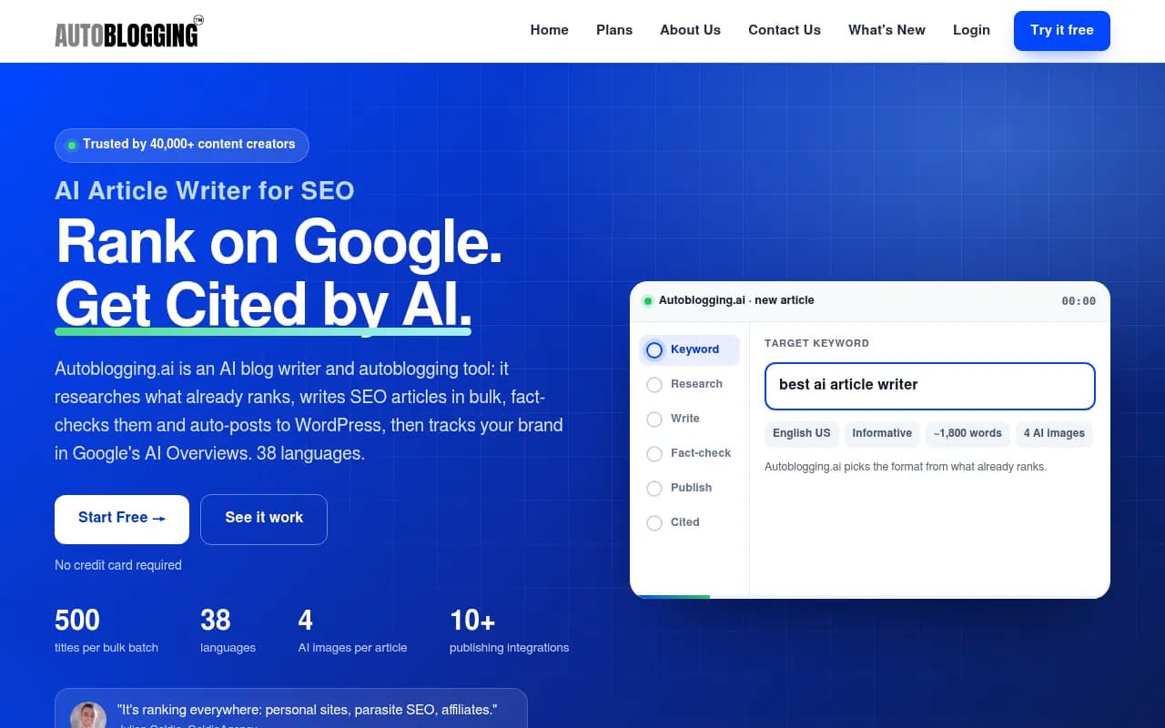 Autoblogging.ai homepage showing its bulk article generator and AI visibility tracker