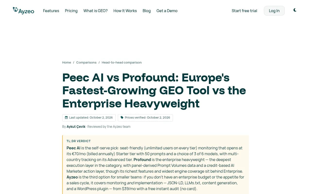 Peec AI vs Profound pricing comparison page