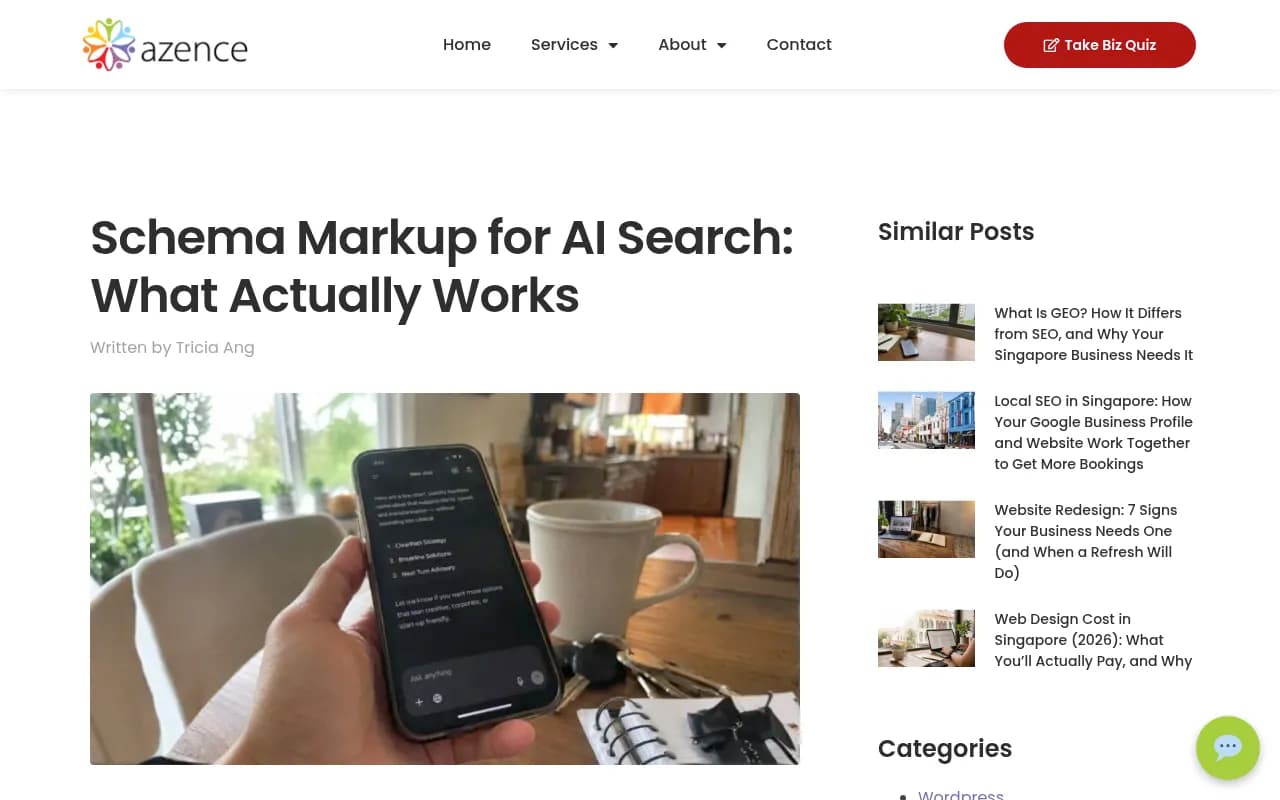 Azence guide on schema markup for AI search for small and local service businesses