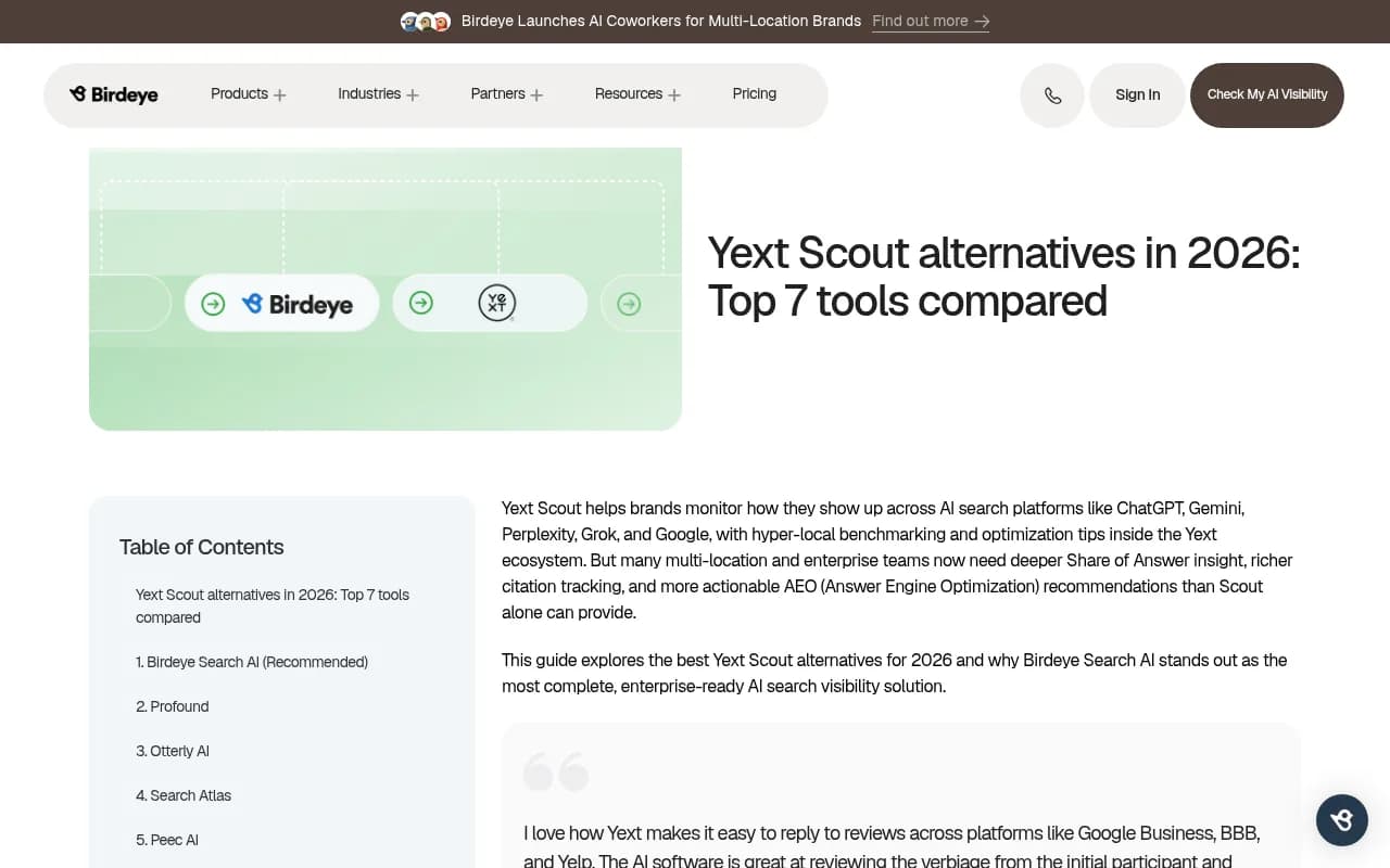 Birdeye's Yext Scout alternatives page, which positions Search AI against Scout