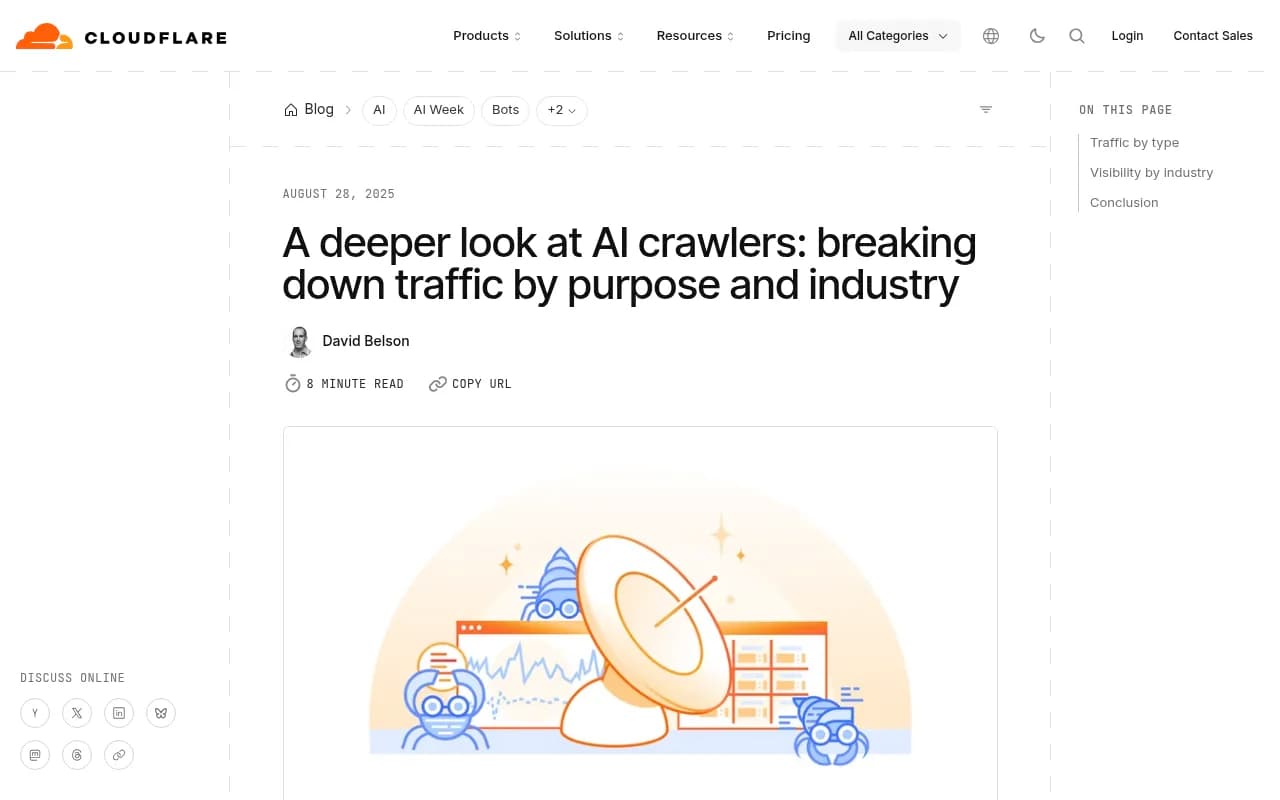Cloudflare Radar's AI Insights page breaking down AI bot traffic by purpose and industry
