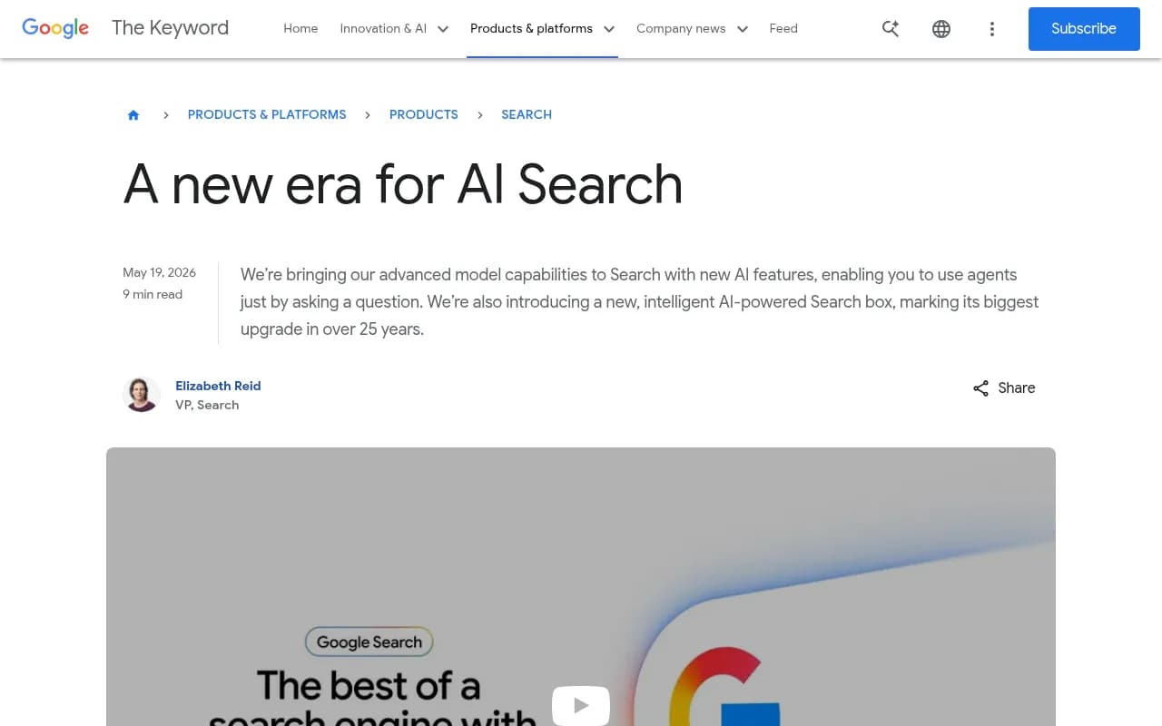 Google I/O 2026: A new era for AI Search, showing Google's latest AI-powered search features