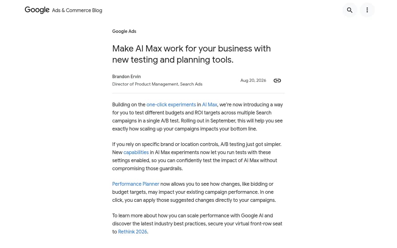 New AI Max testing and planning tools from Google Ads, showing one-click experiment controls for budget and ROI target testing across Search campaigns
