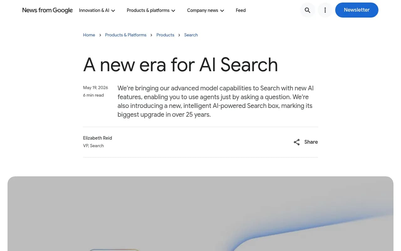 Google's I/O 2026 announcement post describing AI agents and a new intelligent Search box