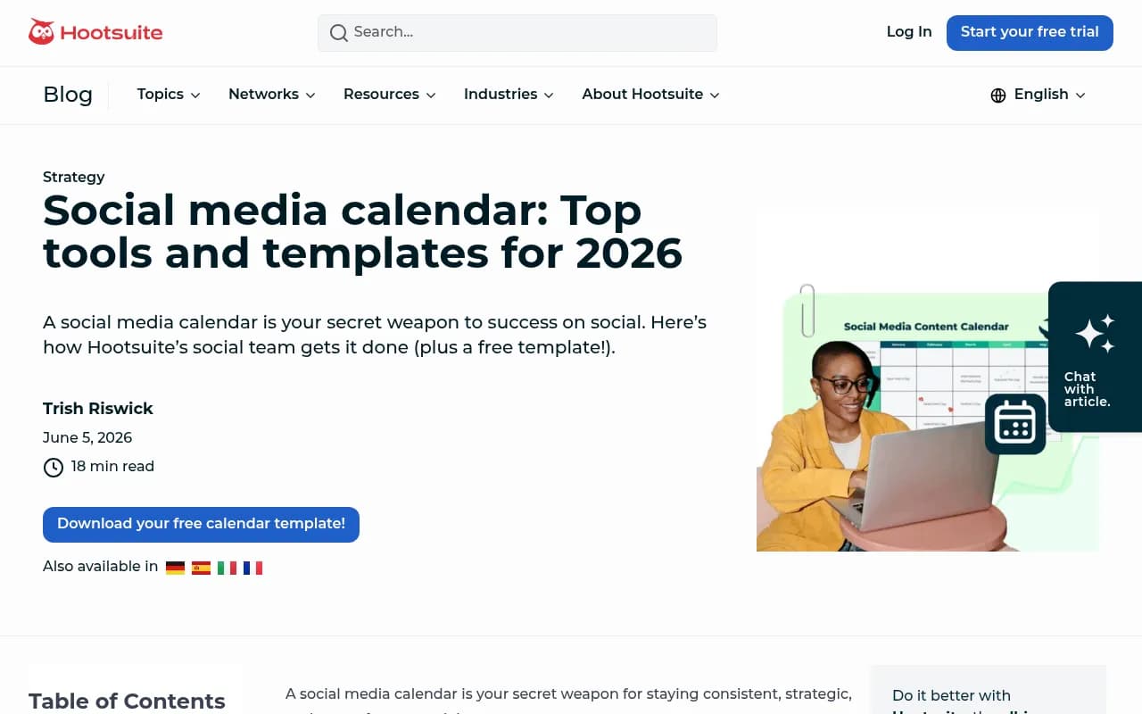 Hootsuite's social media calendar guide showing content planning tips and tools for 2026
