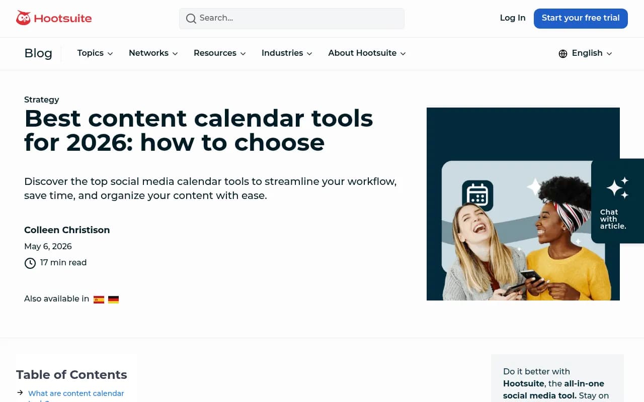 Hootsuite's weekly content calendar showing scheduled, published, and draft social posts across multiple platforms