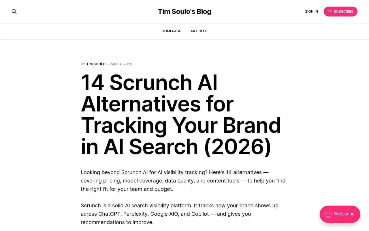 Screenshot of a guide comparing Scrunch AI alternatives, showing pricing and feature breakdowns across competing AI visibility tools