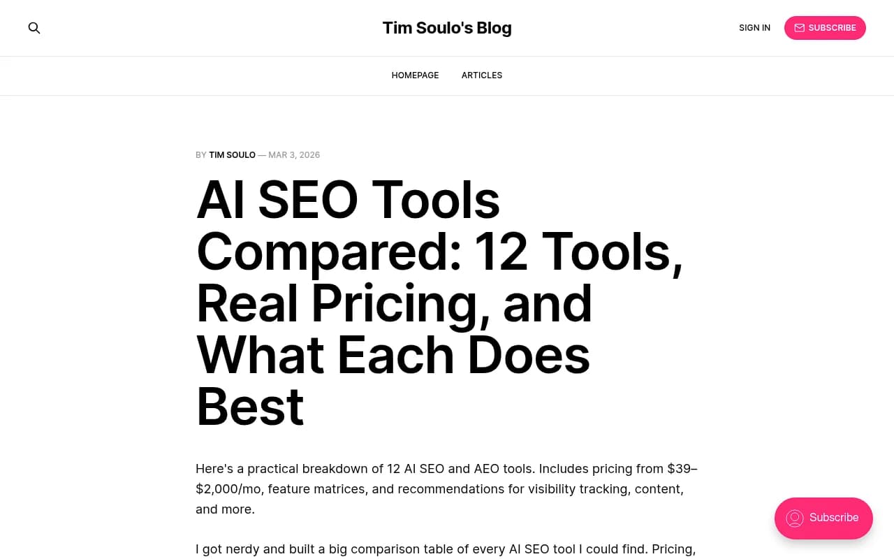 Tim Soulo's March 2026 table comparing 12 AI SEO tools on price, seats and engines