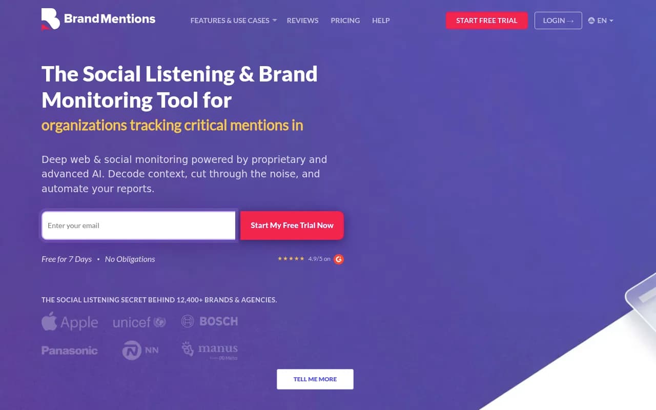 BrandMentions homepage showing its social listening and brand monitoring positioning