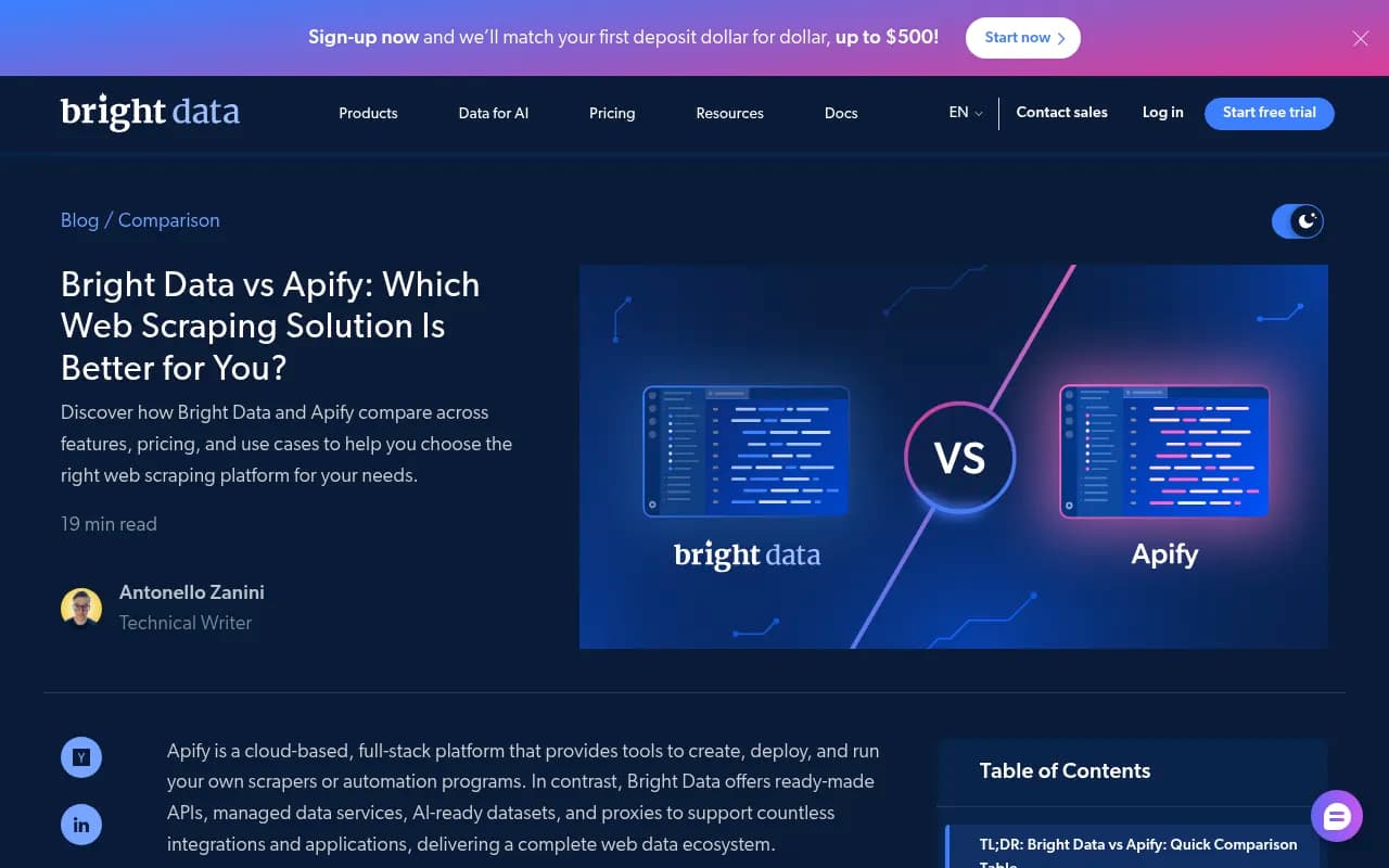 Bright Data's own comparison of Bright Data and Apify, covering products, integrations and compliance