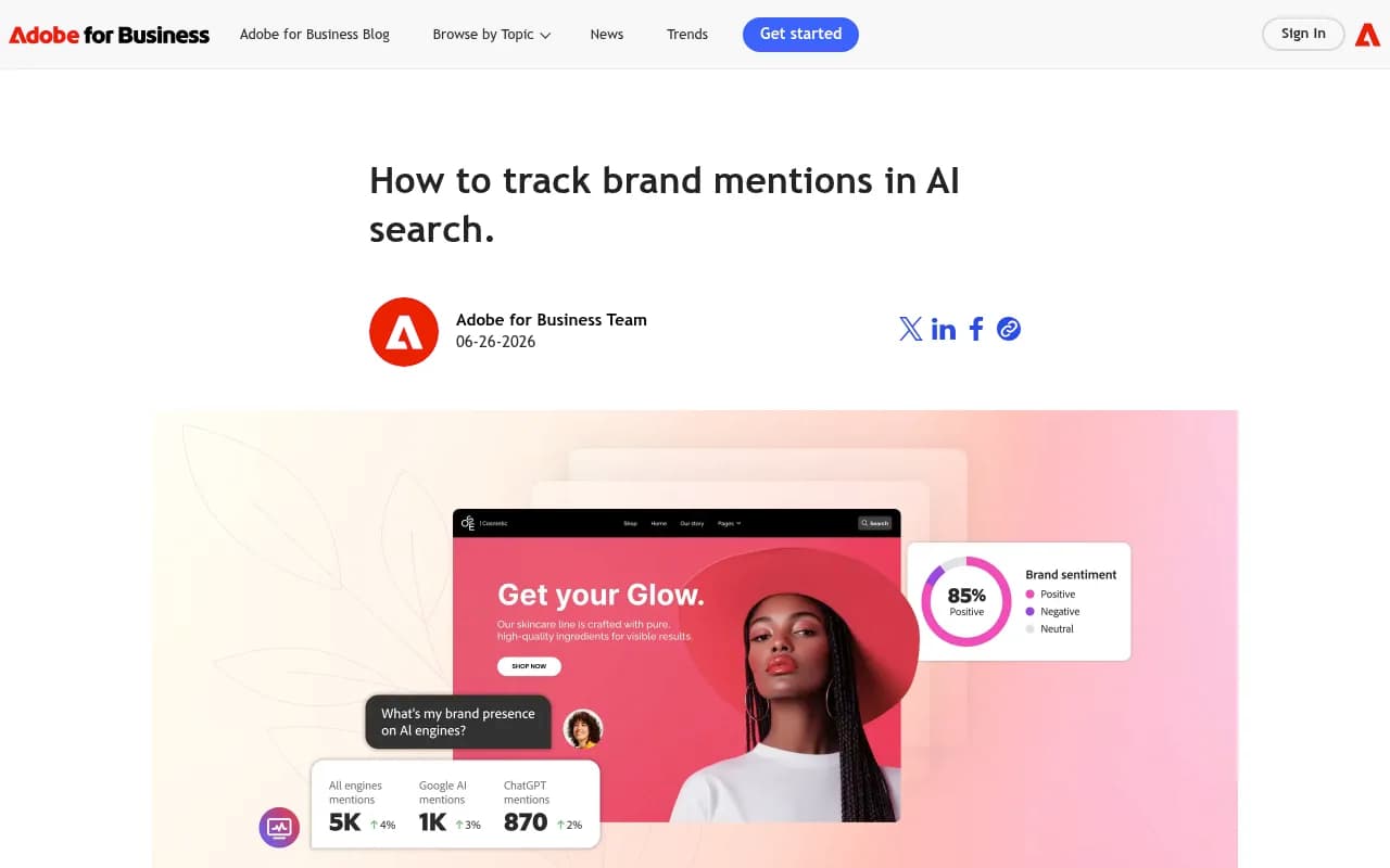 Diagram of an AI brand monitoring stack showing prompt, LLM response, mentions and citations, metrics, and tools