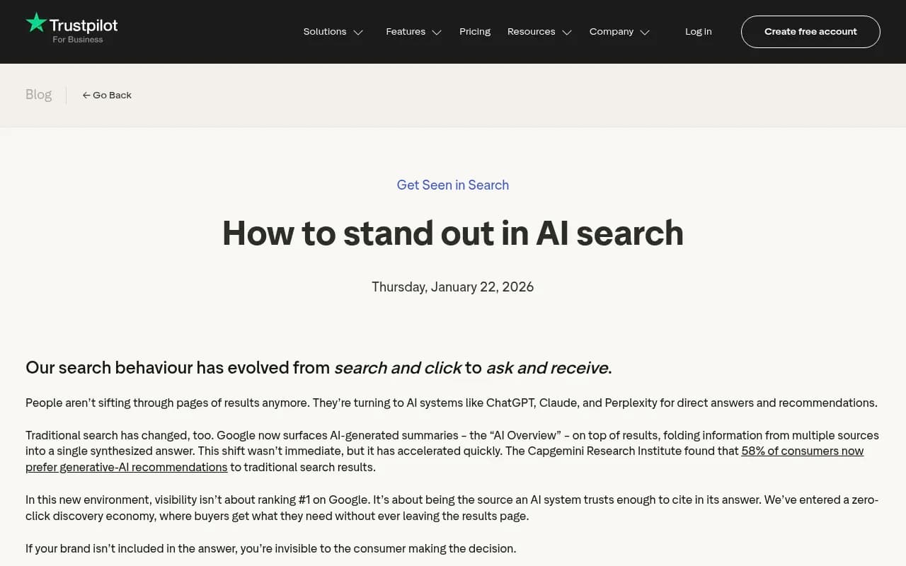Trustpilot's guide to standing out in AI search, covering the 3Rs: Relevance, Ranking, and Recency