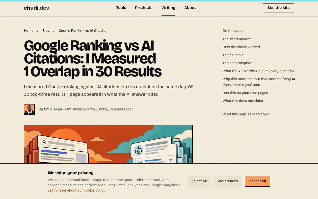 Chudi Nnorukam's test lining up Google top-three results against AI citations for ten buyer questions