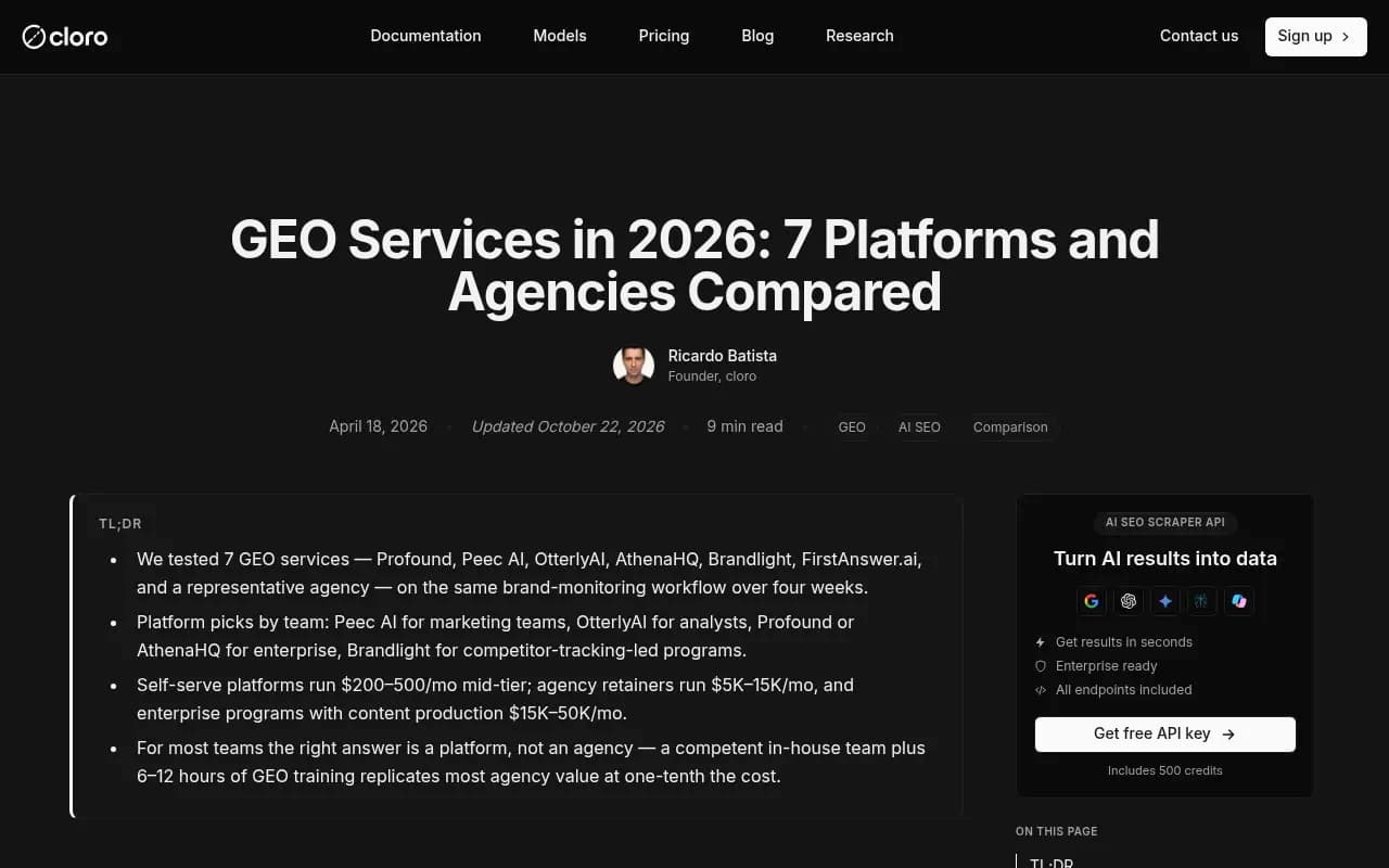 GEO services comparison covering platforms and agencies, with pricing context