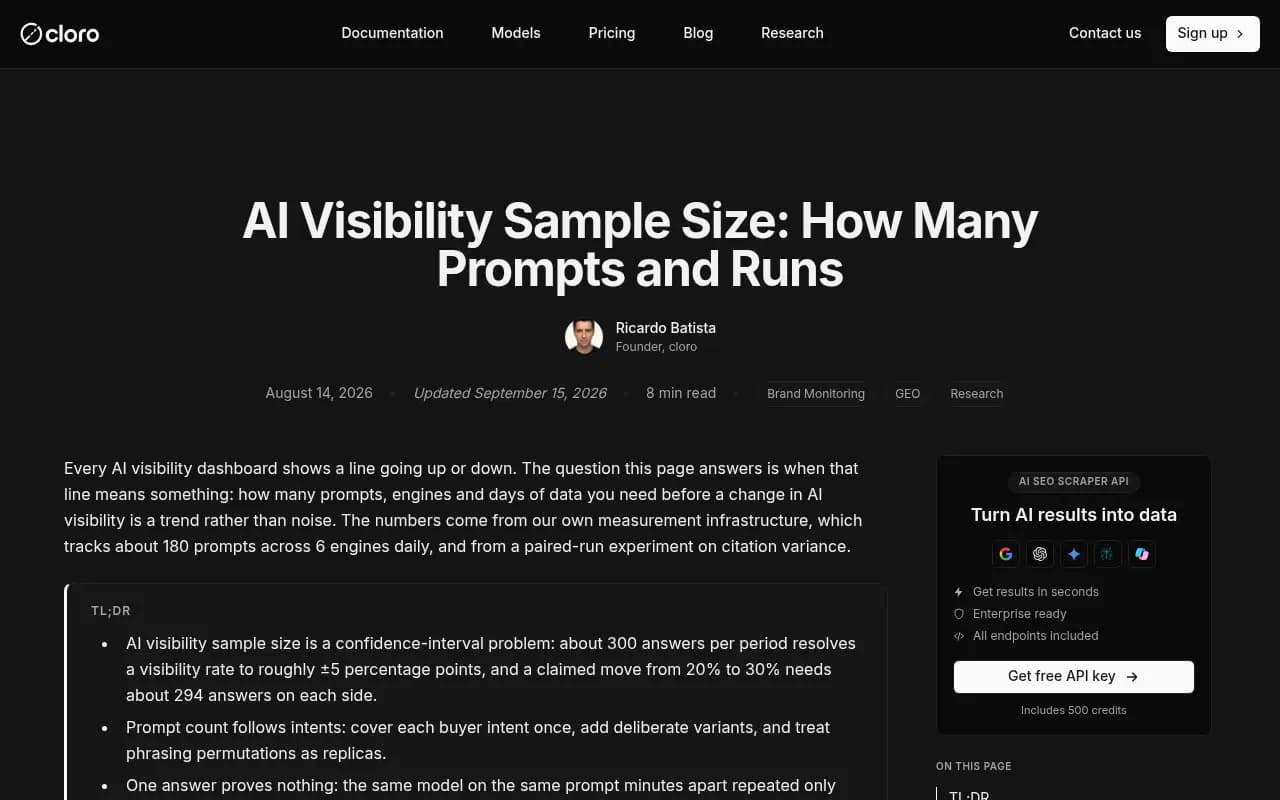 cloro's walkthrough of AI visibility sample size, showing how answer counts translate to confidence intervals