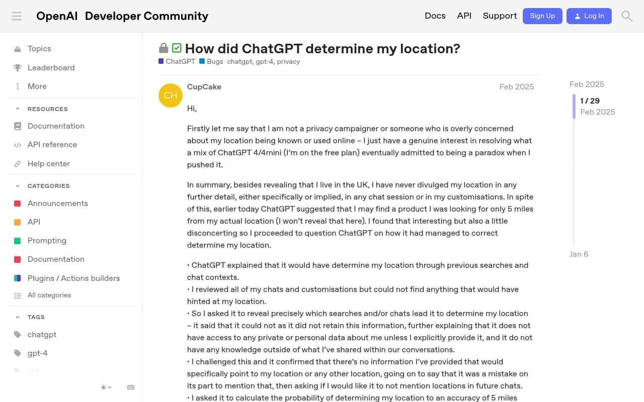 OpenAI community forum thread where a user presses ChatGPT to explain how it determined their location