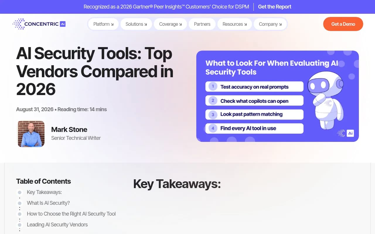 Concentric AI's comparison of AI security tool vendors, which focuses on data-layer AI risk rather than vendor due diligence