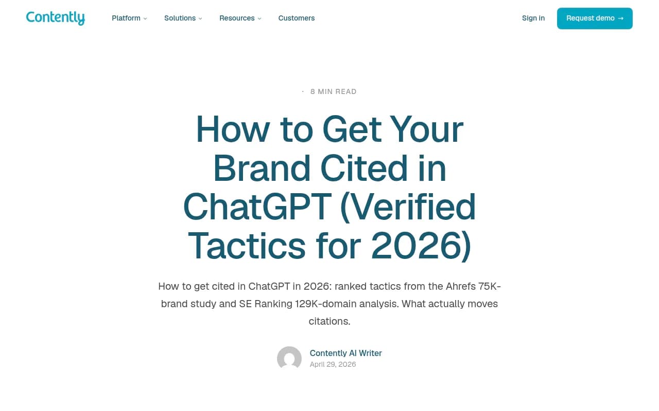 Contently's 2026 guide on how to get cited in ChatGPT, showing citation factors and verified tactics