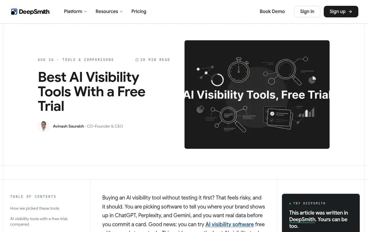 DeepSmith's guide to AI visibility tools with a real free trial, covering trial length and card rules