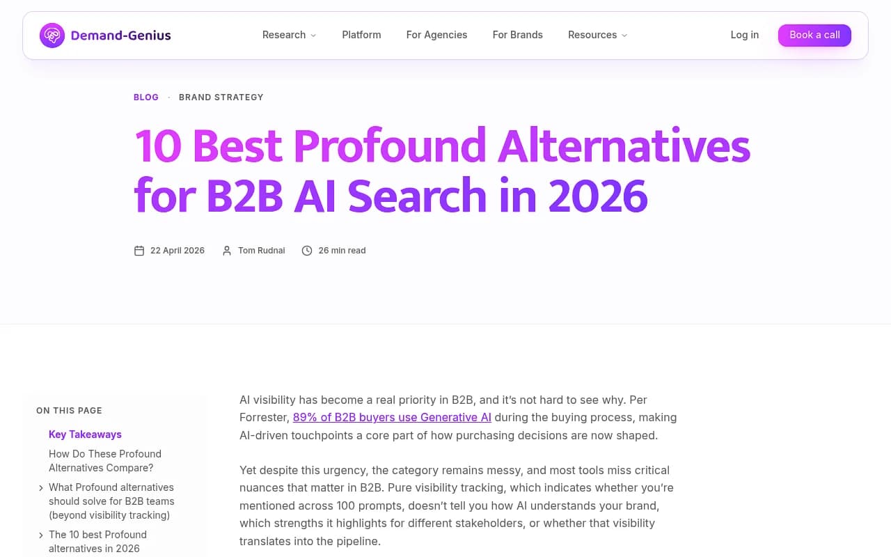 Demand-Genius guide to Profound alternatives, showing its ten-tool list and migration playbook