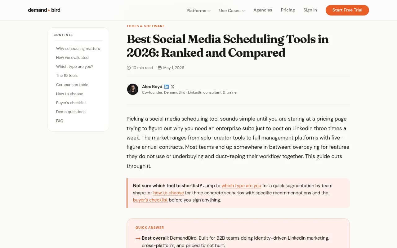 Comparison of social media scheduling tools and their pricing models, from DemandBird's 2026 ranking