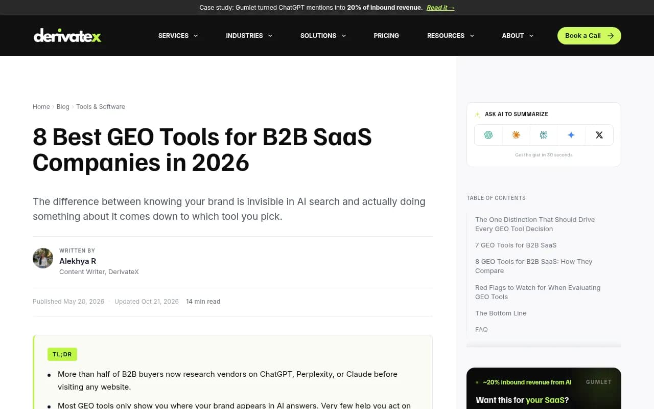 DerivateX's B2B SaaS GEO tool guide, which centers the monitoring-versus-optimization distinction