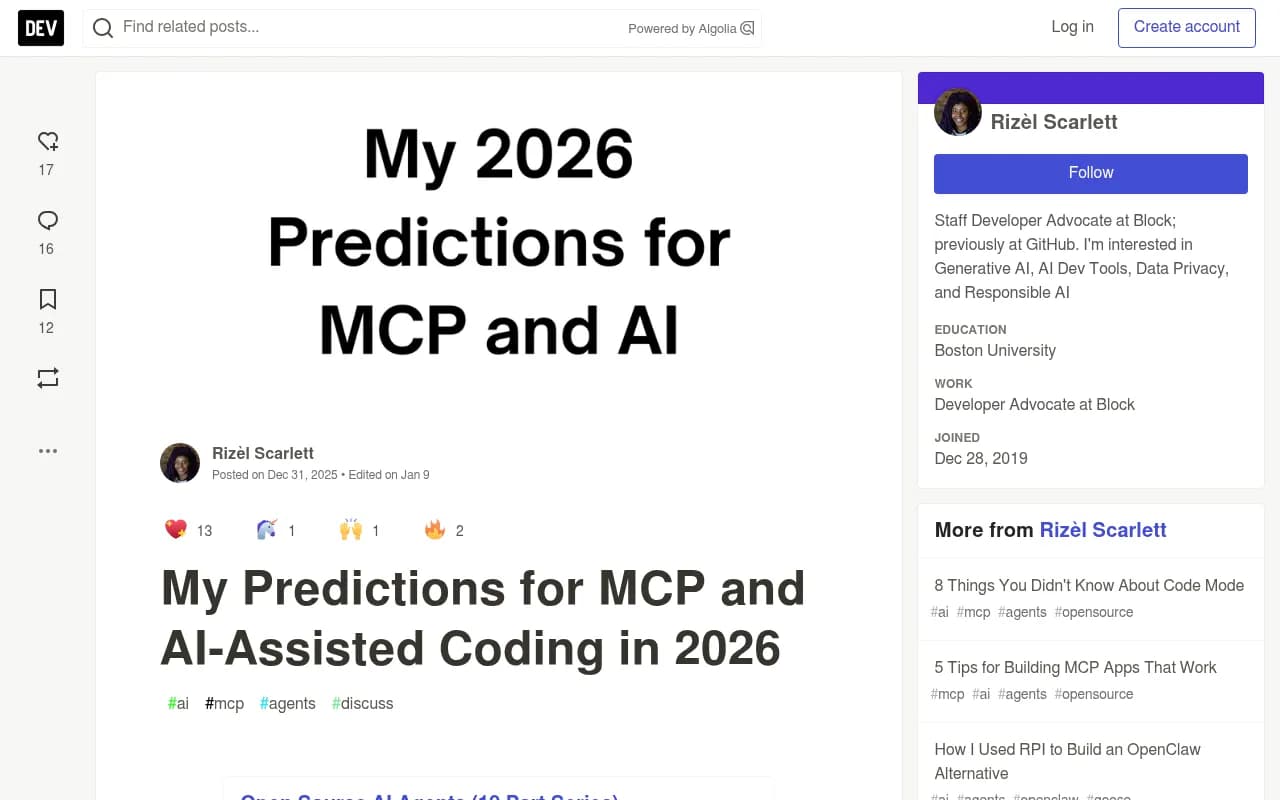 DEV Community article on MCP predictions for 2026 showing developer perspectives on where the protocol is heading
