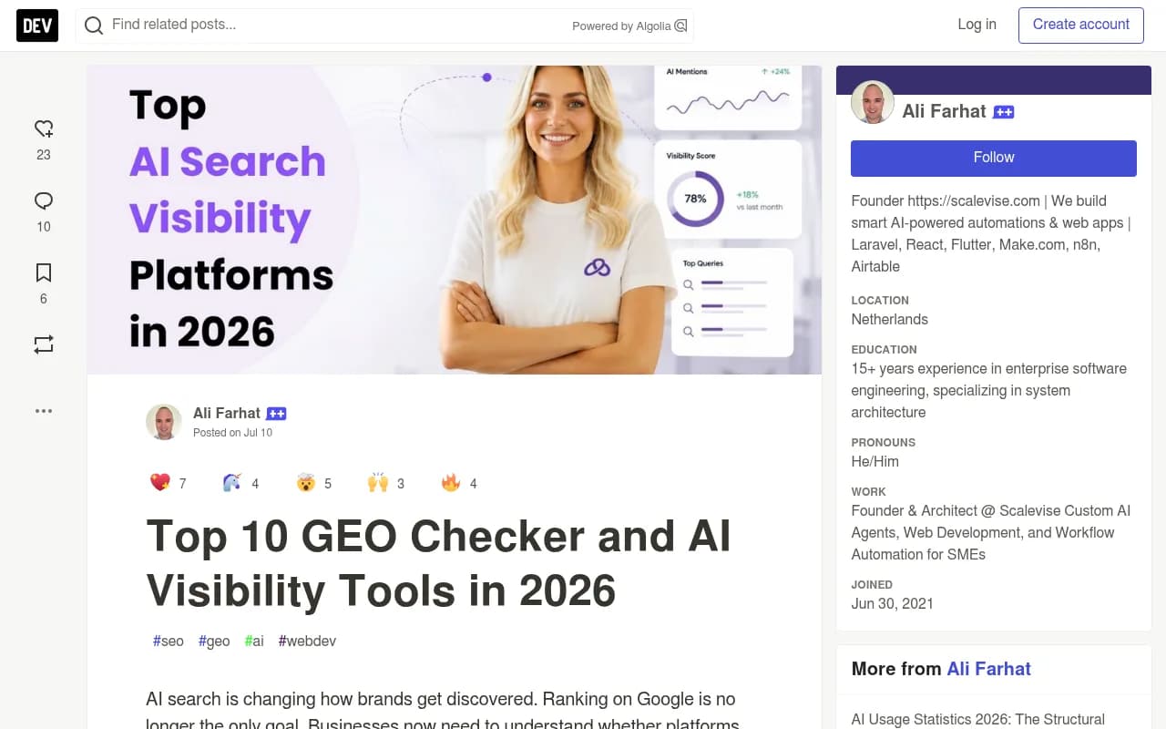Top 10 GEO Checker and AI Visibility Tools in 2026 overview from DEV Community