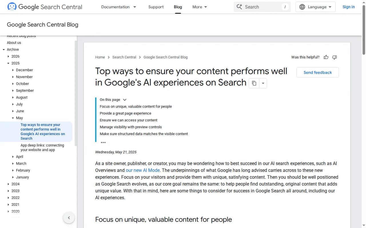 Google Search Central blog guidance on succeeding in AI search experiences