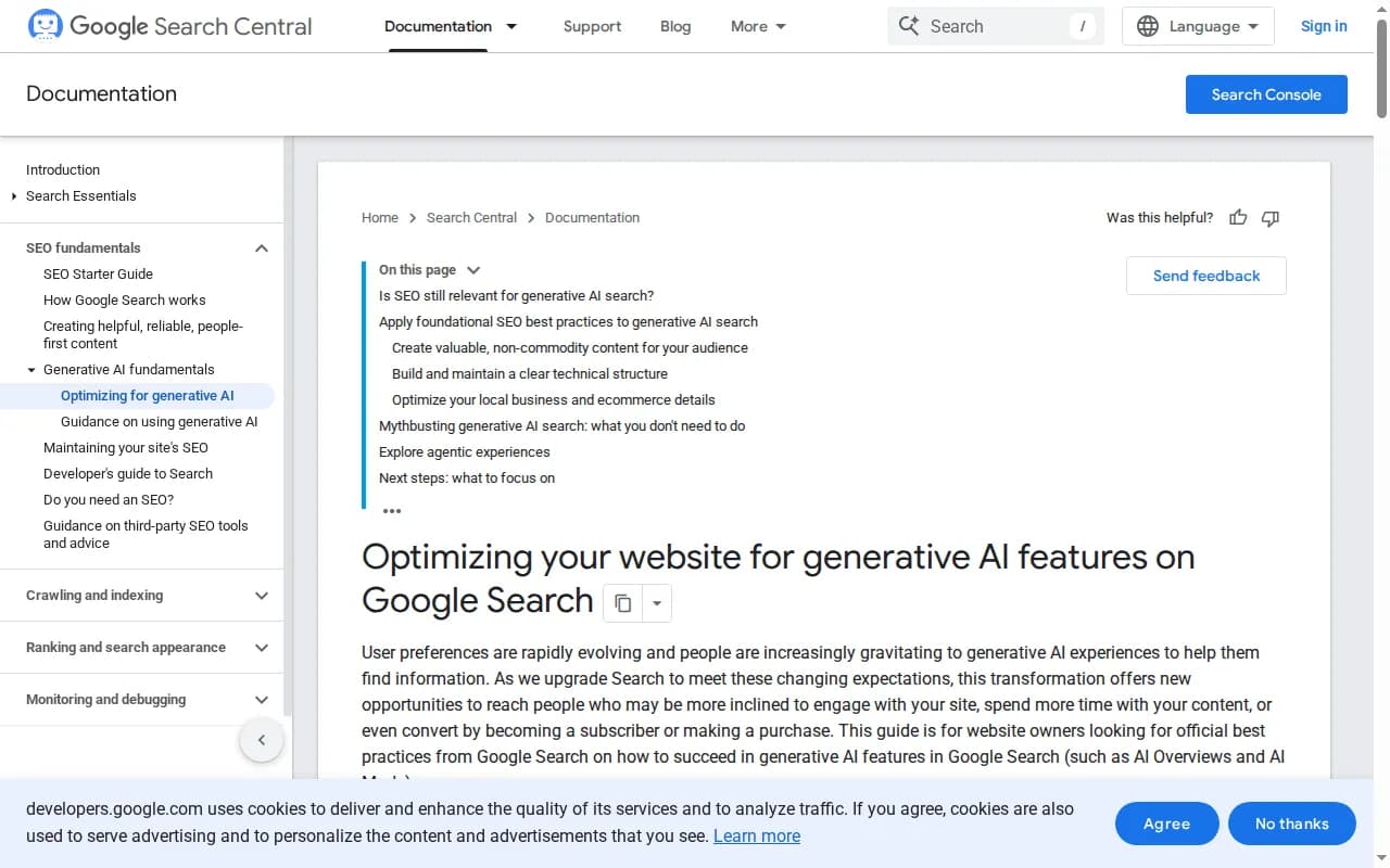 Google Search Central's official guide to optimizing for generative AI features