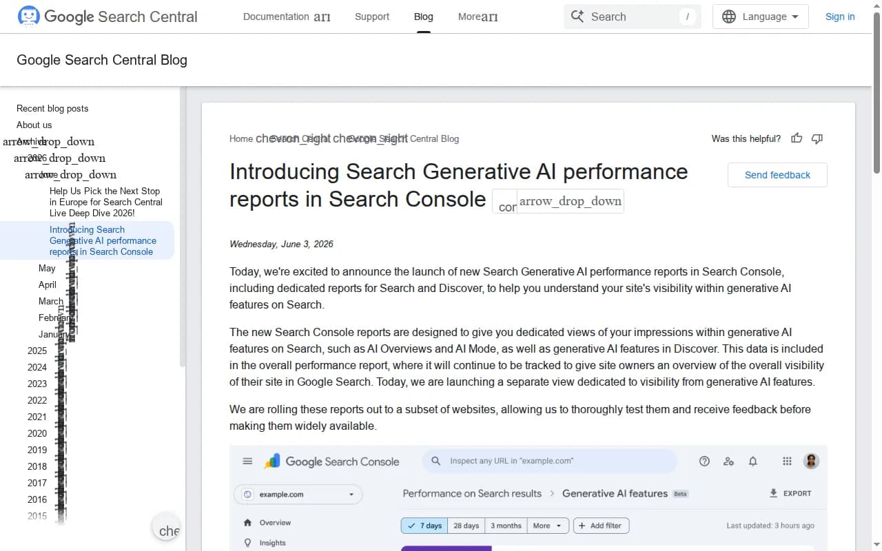 Google Search Central blog announcing the new Search Generative AI performance reports in Search Console