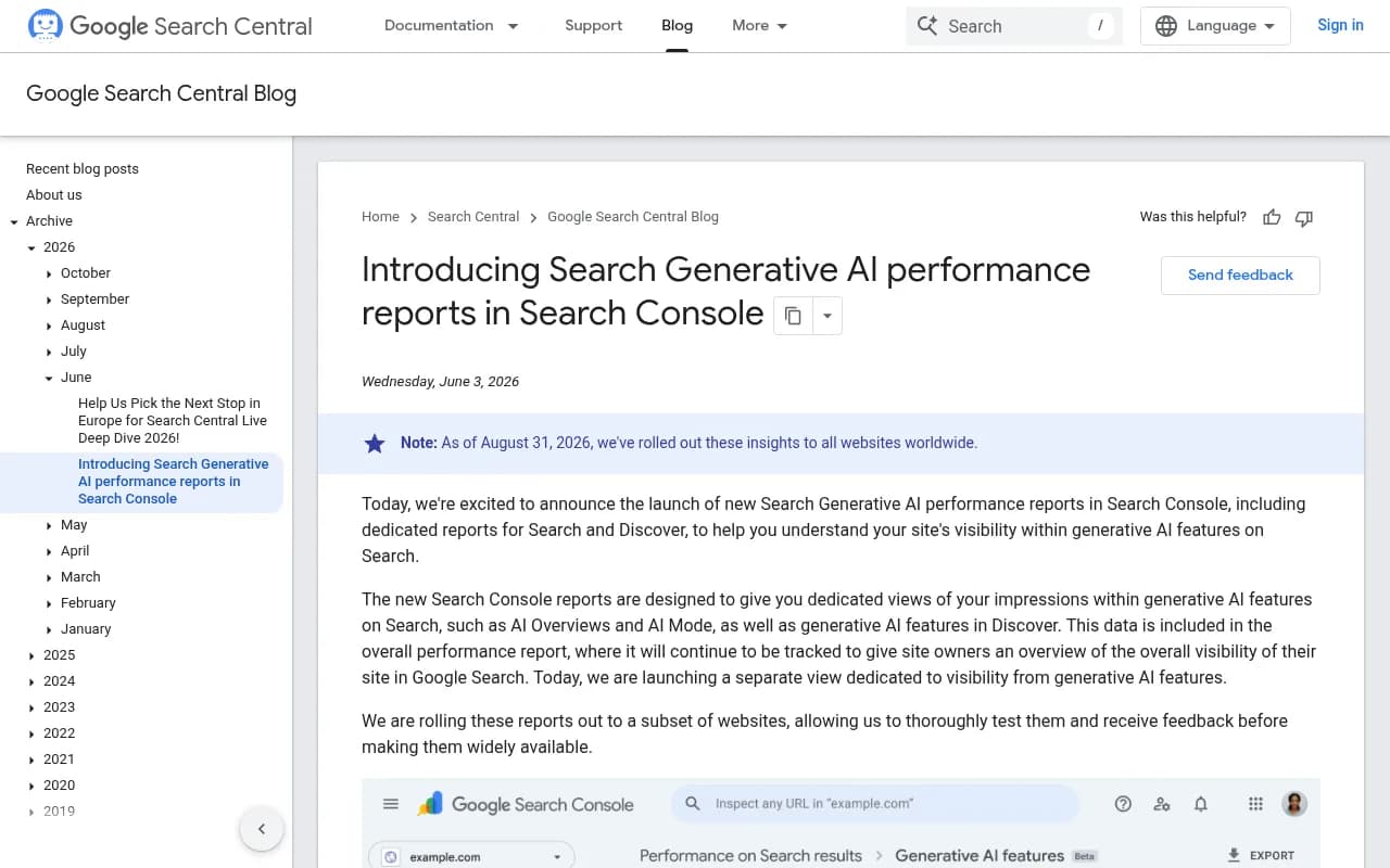 Google Search Central Blog post introducing the Search Generative AI performance reports in Search Console
