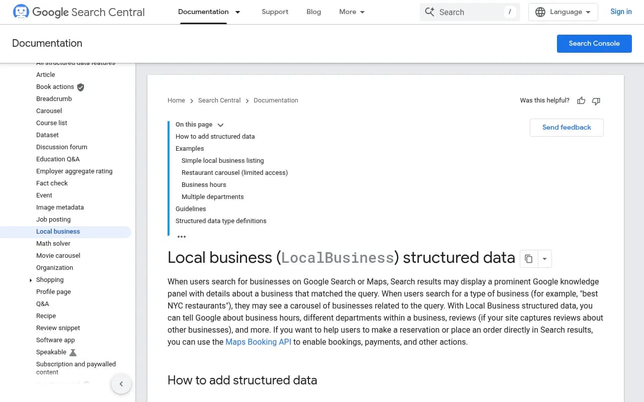 Google Search Central documentation for LocalBusiness structured data, showing supported properties and examples